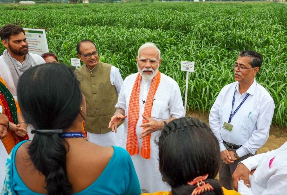 New Delhi: Prime Minister Narendra Modi interacts with farmers and scientists, emphasizing the importance of value addition in agriculture and the increasing demand for organic and natural farming at the Indian Agricultural Research Institute in New Delhi on Friday, August 11, 2024. (Photo: IANS/@PIB)