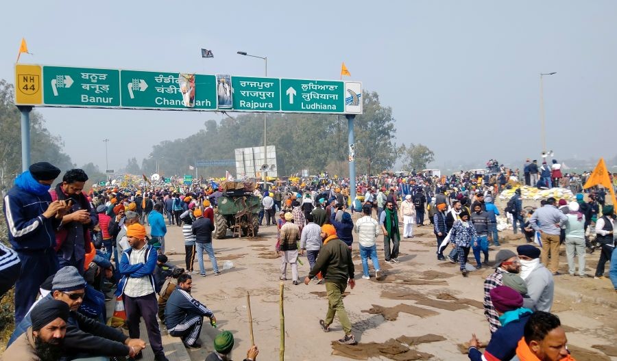 Protesting farmers during their 'Delhi Chalo' march, at the Punjab-Haryana Shambhu Border, in Patiala district, Wednesday, Feb. 21, 2024. Farmers protesting at two border points between Punjab and Haryana will resume their march on Wednesday after they rejected the Centre's proposal for procuring pulses, maize and cotton at the MSP by government agencies for five years.(IANS)
