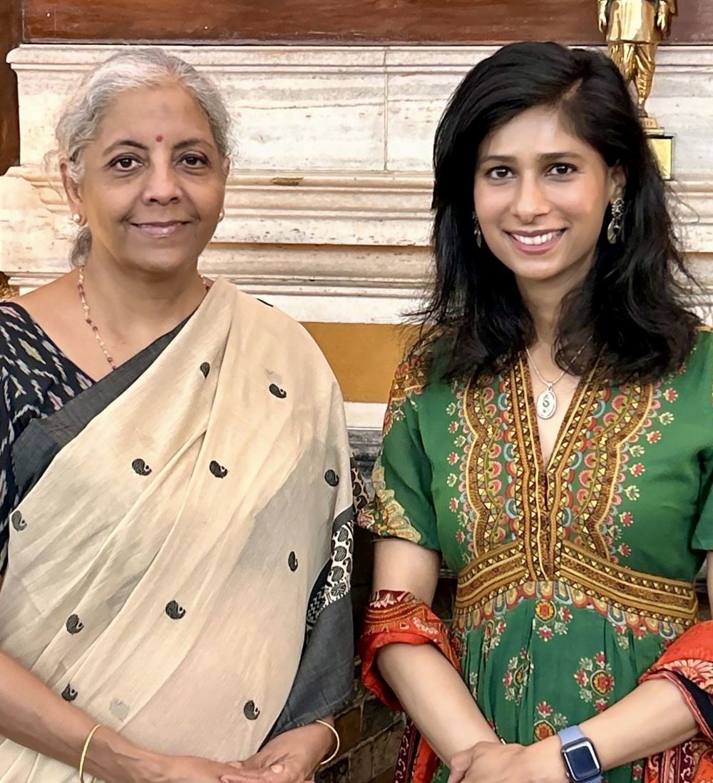New Delhi : IMF Deputy Managing Director Gita Gopinath meets Union Finance Minister Nirmala Sitharaman in New Delhi on Saturday, August 17, 2024. (Photo: IANS/@GitaGopinath)