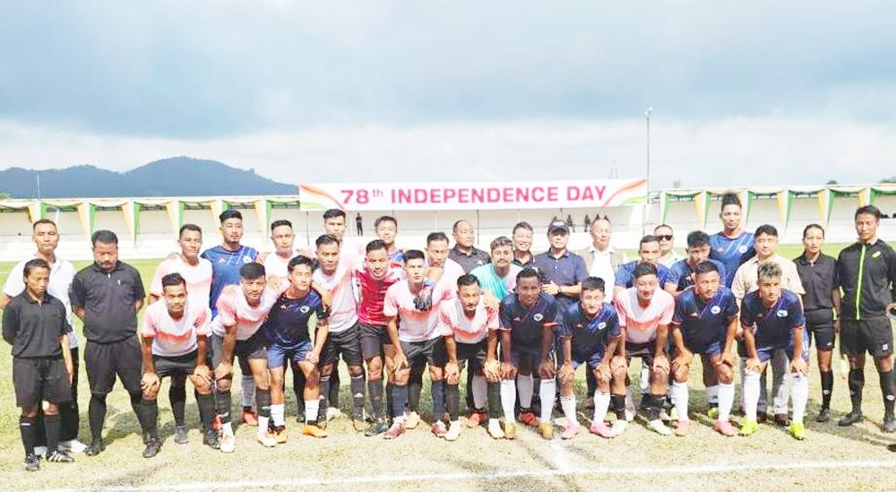 Nagaland Football Association (NFA) XI and DGP XI at the exhibition football match during 78th Independence Day 2024 in Kohima on August 15.  NFA won by 2-1.