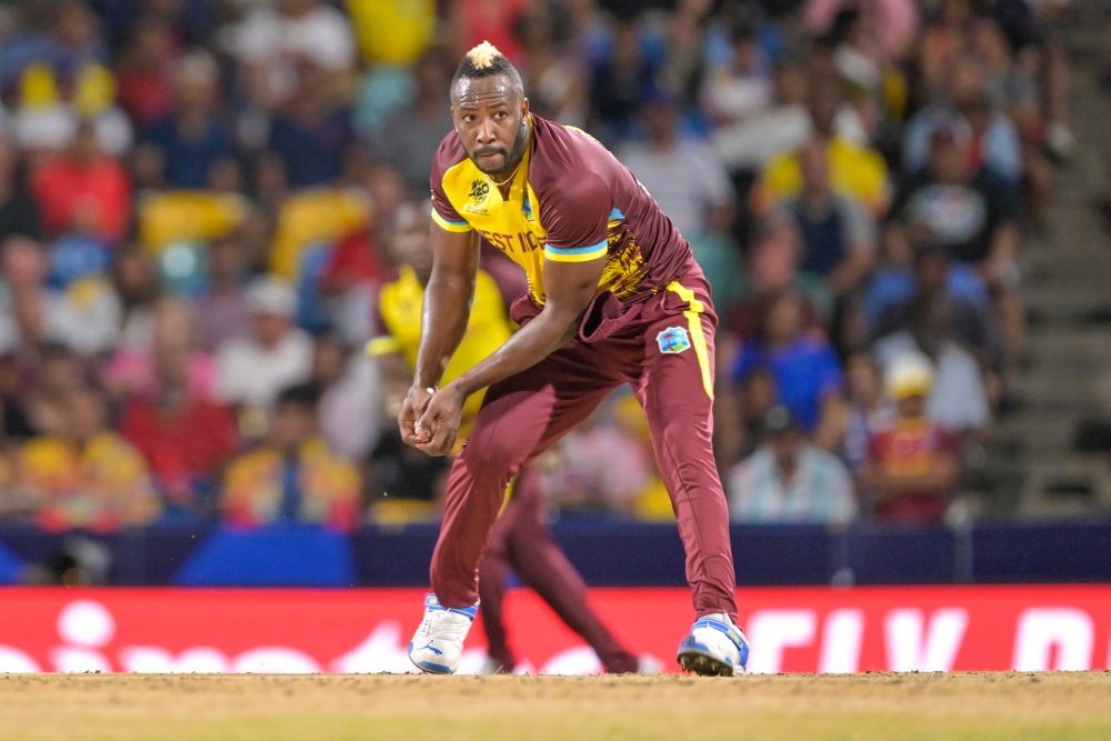 Barbados : West Indies' Andre Russell fields during the ICC Men's T20 World Cup cricket match between United States and West Indies at Kensington Oval in Barbados on Saturday, June 22, 2024. (Photo: IANS)