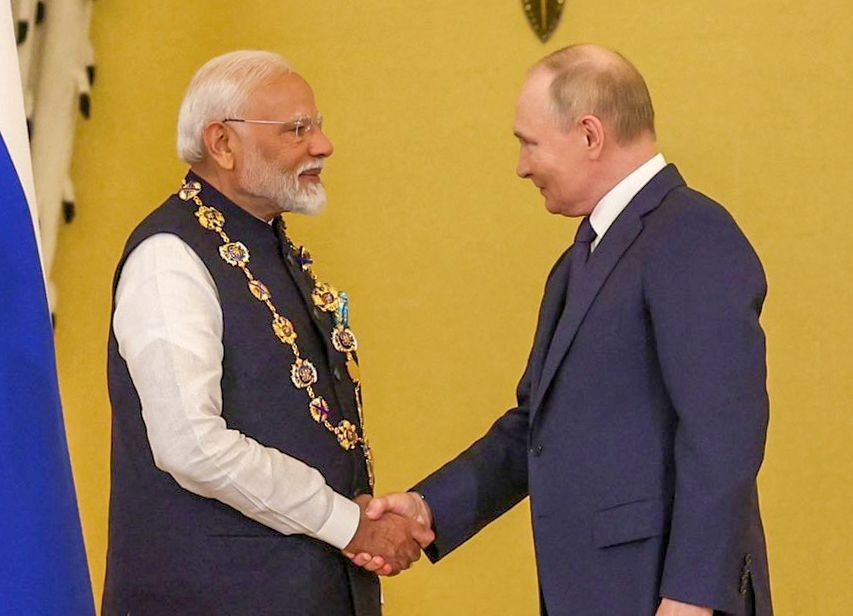 Moscow: Prime Minister Narendra Modi is conferred with the highest civilian award of the Russian Federation, the Order of St. Andrew the Apostle, by Russian President Vladimir Putin at the Kremlin in Moscow on Tuesday, July 9, 2024. (Photo: IANS/@MEAIndia)