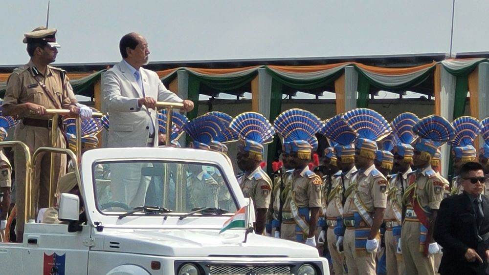 Nagaland Chief Minister Neiphiu Rio inspects parade contingents during Independence Day celebration on August 15 in Kohima. (Morung Photo)