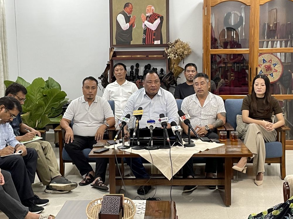 Nagaland BJP unit President, Benjamin Yepthomi addressing the press, along with party members, in Dimapur on August 26. (Morung Photo)