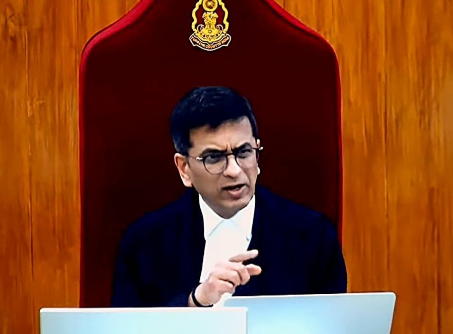 A three-judge bench led by Chief Justice DY Chandrachud speaks during the hearing of a suo motu case related to the "alleged rape and murder incident of a trainee doctor at R.G. Kar Medical College and Hospital, Kolkata, and related issues," in New Delhi on Tuesday, August 20, 2024. (Photo: IANS/Supreme Court)