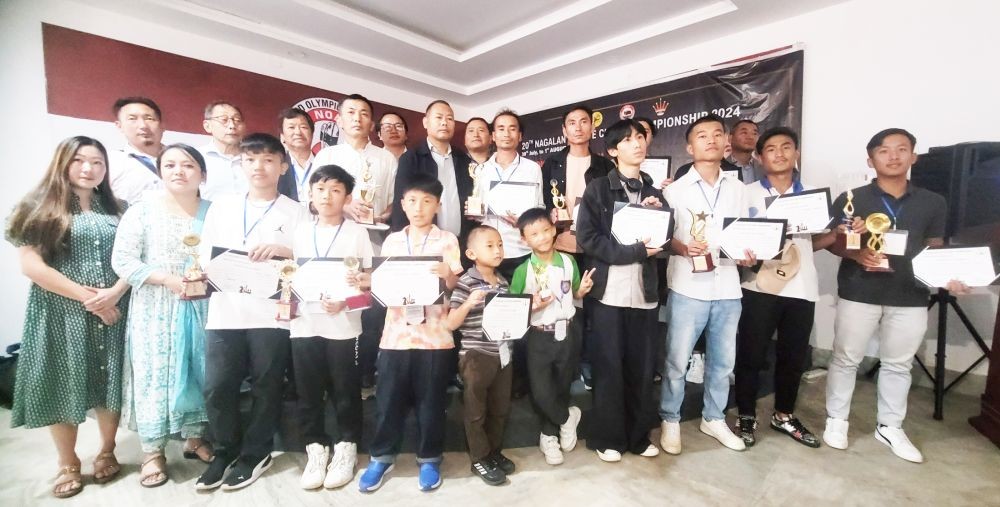 Winners of 20th Nagaland State Chess Championship 2024 with S. Keoshu Yimkhiung and NCA officials on August 1 in Kohima. (Morung Photo)