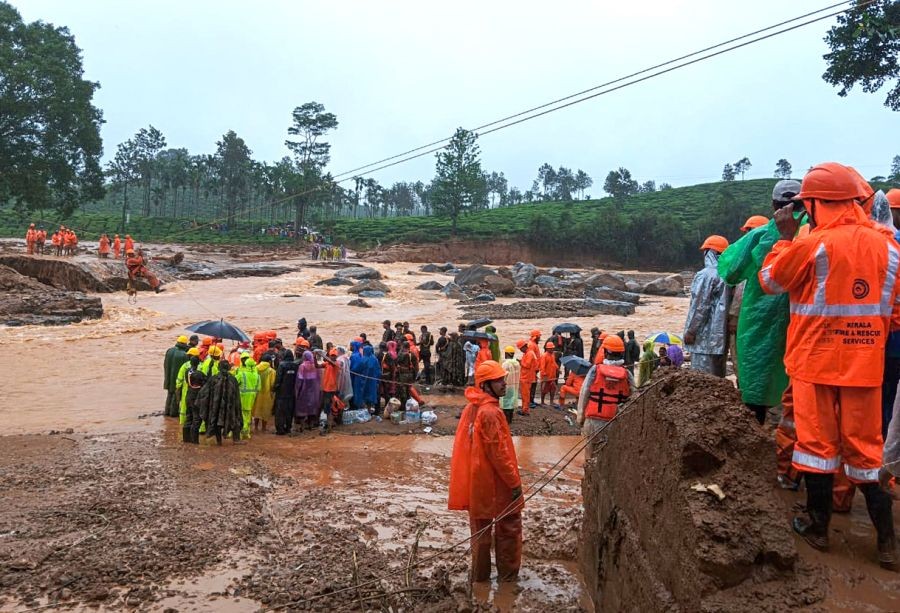 Rescue operation is underway following a landslide caused by continuing heavy rain in Wayanad district of Kerala on Tuesday, July 30, 2024. (Photo: IANS)