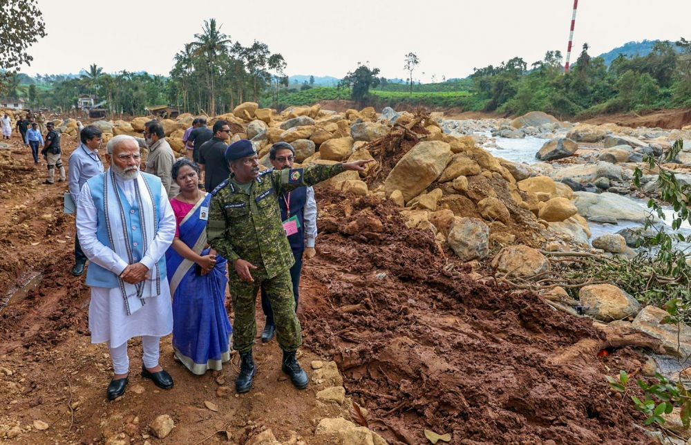 Wayanad: Prime Minister Narendra Modi visits the landslide affected areas in Wayanad on Saturday August 10, 2024. (Photo: IANS)