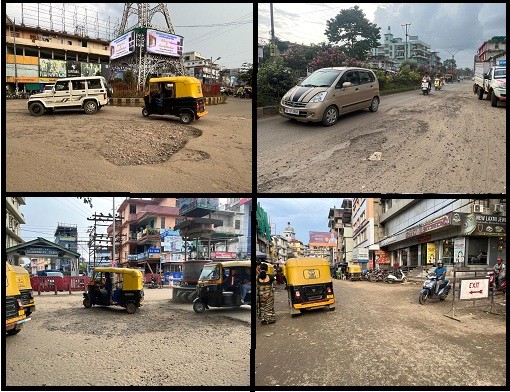 The dismal conditions of roads in various locations in Dimapur are seen in this collage photo from handouts by the Sangtam Students' Union Dimapuron August 22. (Clockwise from top)- City Clock Tower Junction; Tajen Ao Road; Signal and Dhobinalla Junction.