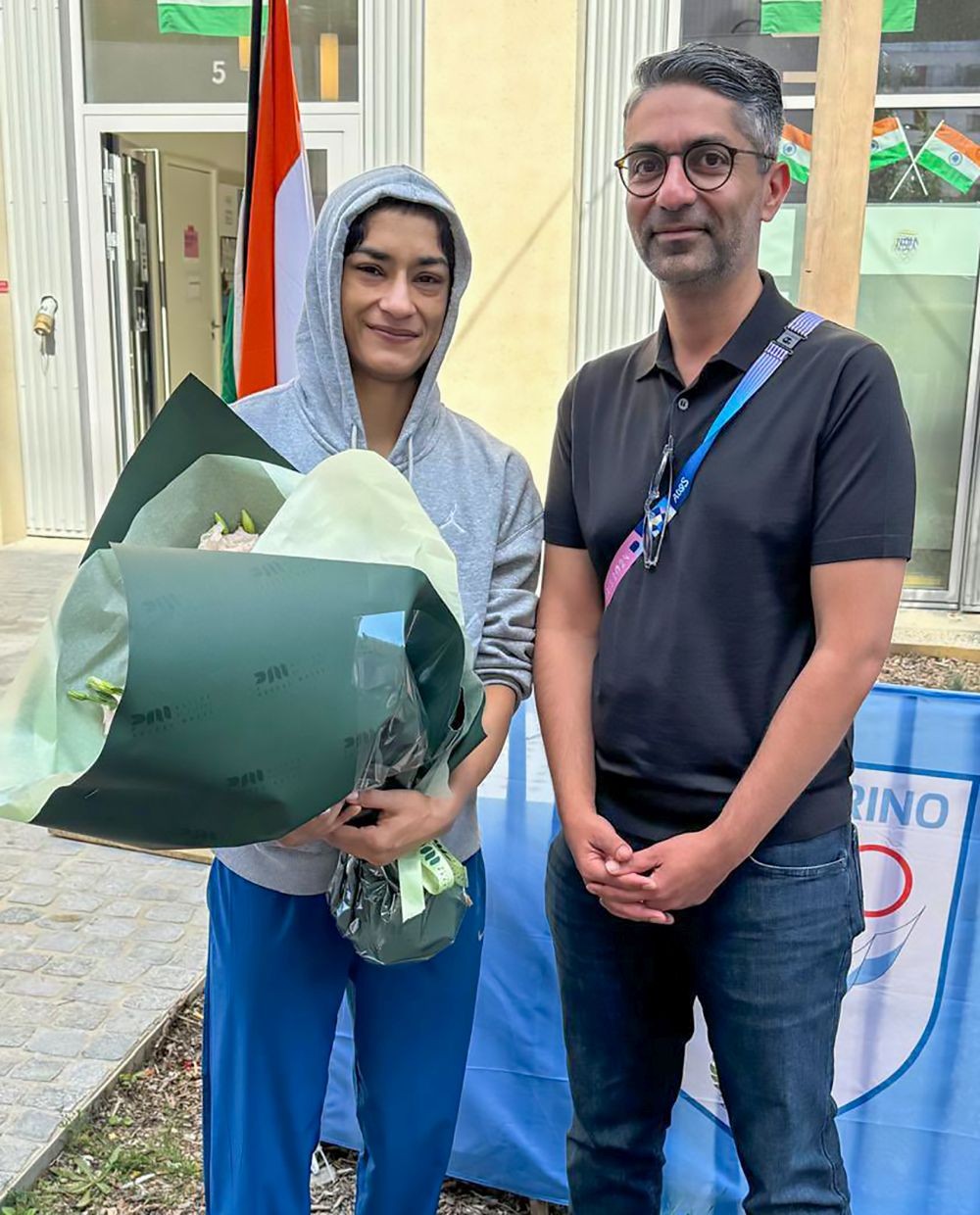 Paris : Olympic gold medallist Abhinav Bindra meets wrestler Vinesh Phogat at the Games Village in Paris, France, Thursday, August 8, 2024. (Photo: IANS/@Abhinav_Bindra)