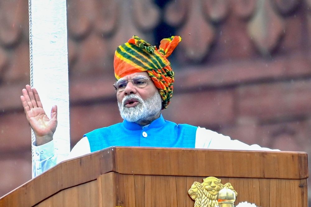 New Delhi: Prime Minister Narendra Modi addresses the nation from the ramparts of Red Fort on the occasion of 78th Independence Day in New Delhi on Thursday, August 15, 2024. (Photo: IANS/Qamar Sibtain)