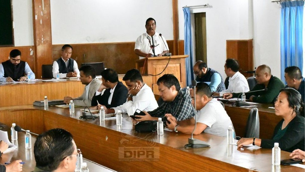 MLA & Chairman DPDB, Wokha YM Humtsoe addressing the monthly DPDB meeting held at DC Conference Hall, Wokha on August 20. (DIPR Photo)