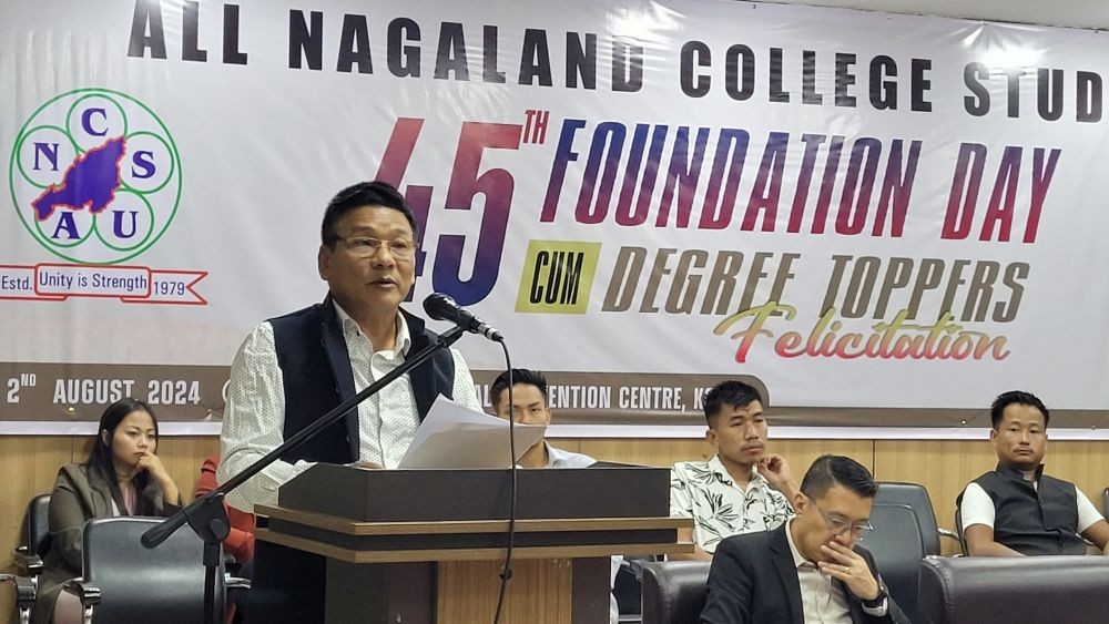 Director of Higher Education, Dr. A Nshoga speaking at the 45th foundation day and degree toppers felicitation programme on August 1 at Kohima. (Morung Photo)