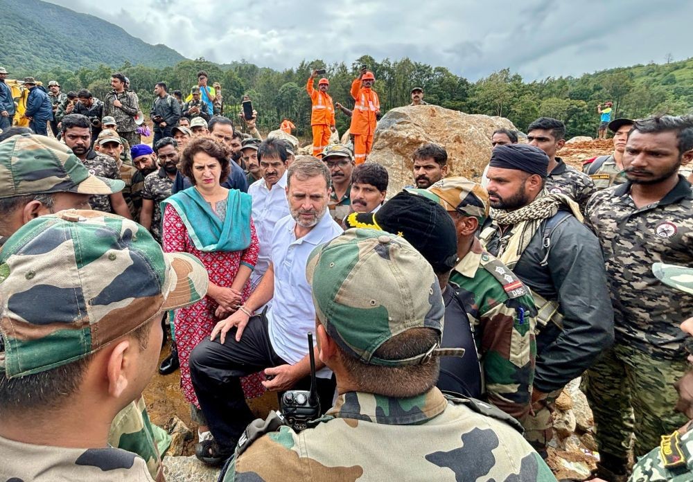 Wayanad: Lok Sabha LoP & Congress leader Rahul Gandhi and Congress general secretary Priyanka Gandhi Vadra visit the epicentre of landslides in Punchirimattam, Mundakkai of Wayanad district on Friday, August 02, 2024.(IANS)