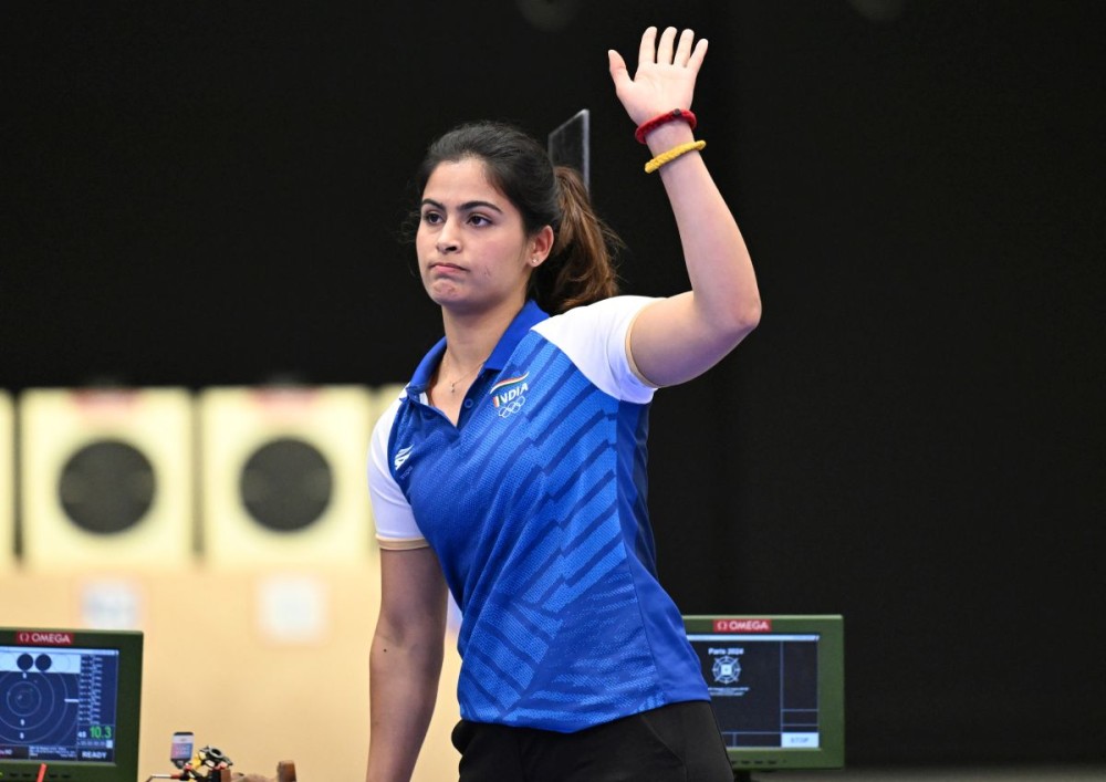 Chateauroux: India's Manu Bhaker reacts after getting eliminated from the 25m pistol women's final at the 2024 Summer Olympics in Chateauroux, France on Saturday, Aug 3, 2024.(IANS/Biplab Banerjee)