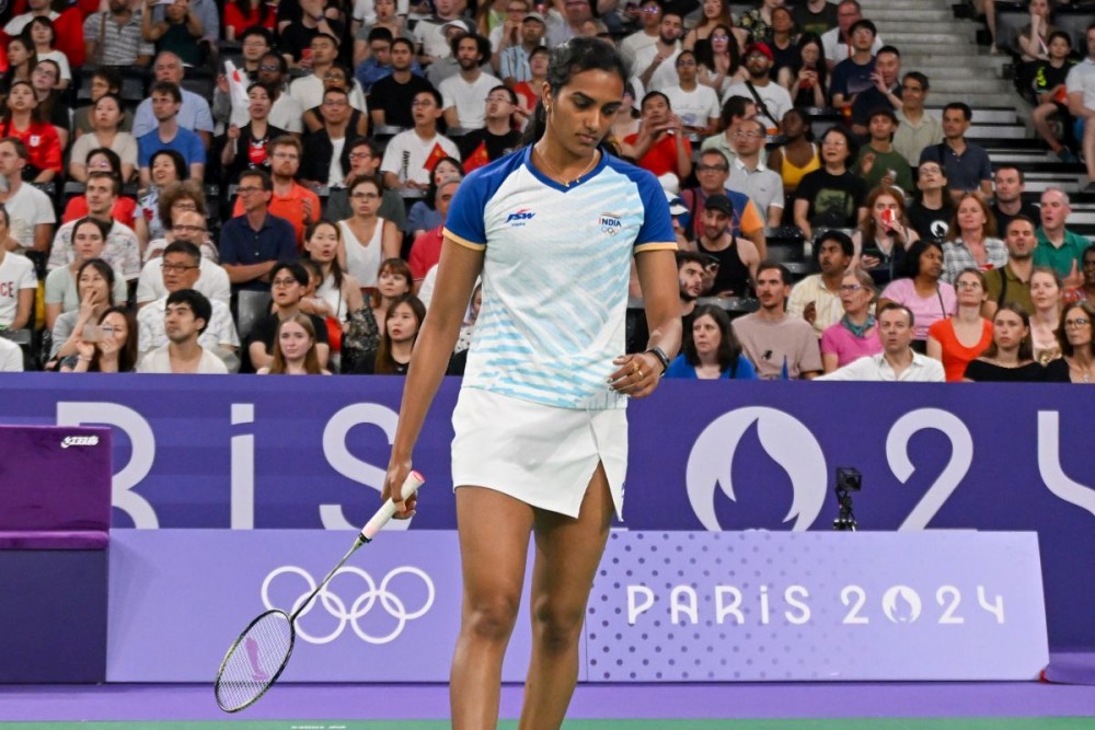 Paris : India's PV Sindhu reacts during the women's singles badminton round of 16 match against China's He Bingjiao at the Paris Olympics 2024, Paris, France, Thursday, Aug. 1, 2024. (Photo: IANS/Biplab Banerjee)
