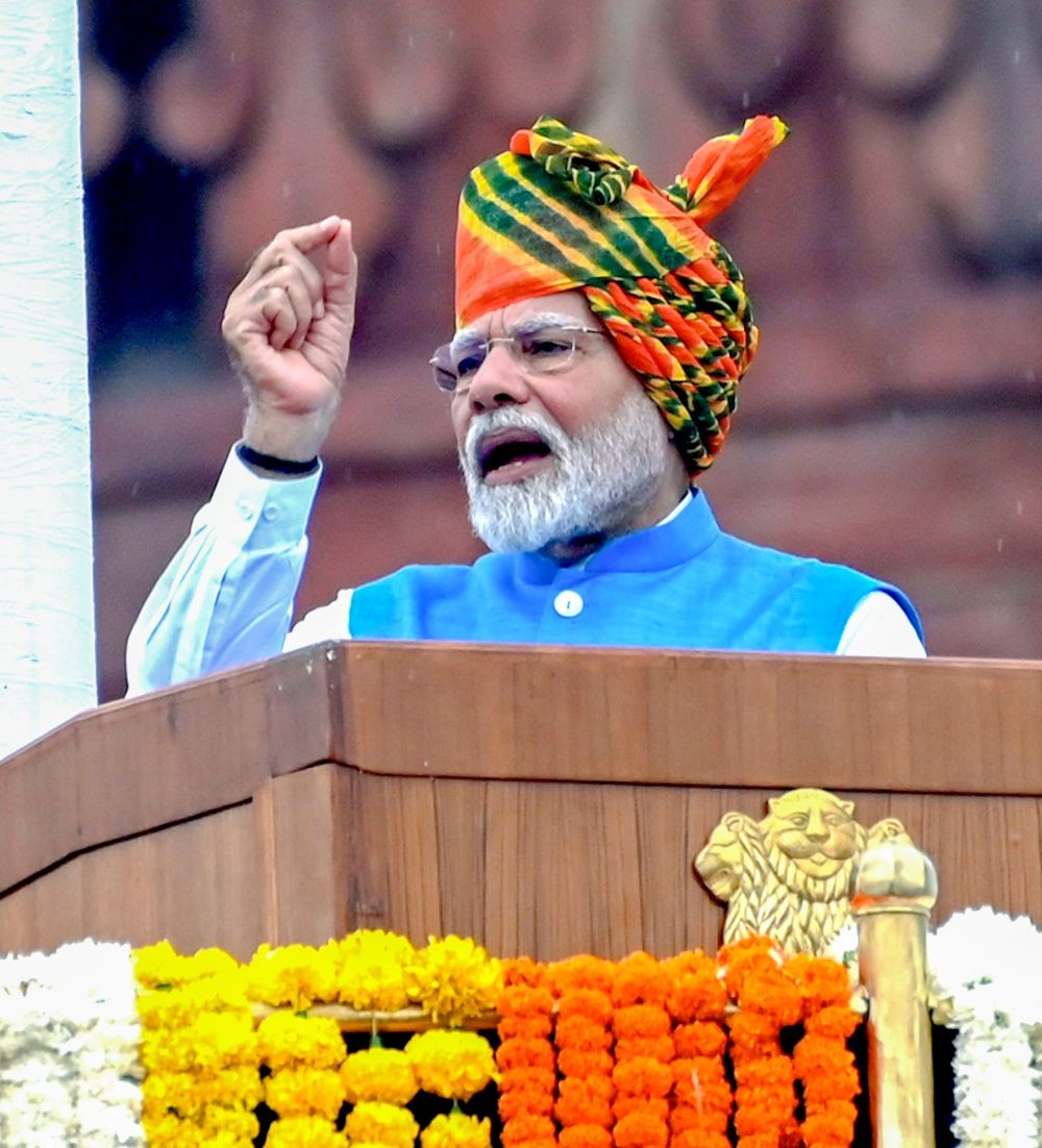 New Delhi: Prime Minister Narendra Modi addresses the nation from the ramparts of Red Fort on the occasion of 78th Independence Day in New Delhi on Thursday, August 15, 2024. (Photo: IANS/Qamar Sibtain)