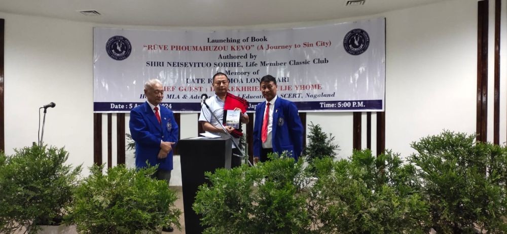 Dr Kekhrielhoulie Yhome with author Neisevituo Sorhie and Classic Club president K. Neibou Sekhose on August 5. (Morung Photo)