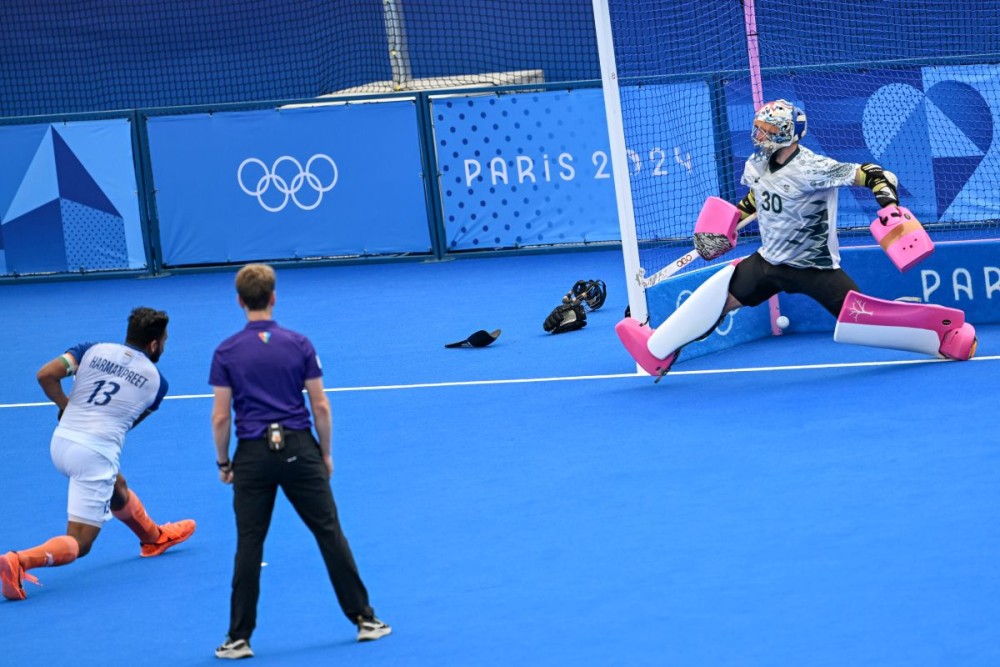 Paris: India's Harmanpreet Singh scores a goal during the men's field hockey match between Australia and India at the Paris Olympics 2024 in Paris, France, Friday, August 02, 2024. (Photo: IANS/Biplab Banerjee)