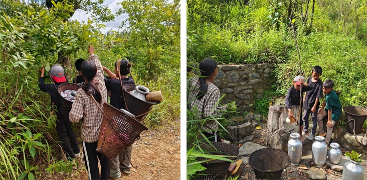 As young children make their way downhill to collect salt water, they stop to pluck shoots of sawtooth oak. After filling their vessels with salt water, they use the shoots to seal the lid. On their way back, a stone slab serves as a resting place after an exhausting climb. (Photo Courtesy: lithicworlds)