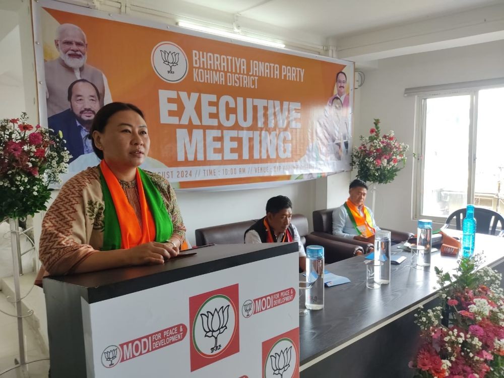 MP Rajya Sabha Phangnon Konyak addressing the BJP Kohima District executive meeting cum workshop on 'Sadasyata Abhiyan 2024' at the BJP District Office on August 26.