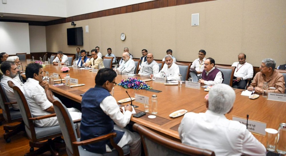 New Delhi: External Affairs Minister S. Jaishankar holds An all-party meeting on the issue of Bangladesh in New Delhi on Tuesday August 06, 2024. Home Affairs Minister Amit Shah,Defence Minister Rajnath Singh, BJP National President J P Nadda, Congress Leader Rahul Gandhi and other leaders also seen. (Photo: IANS)