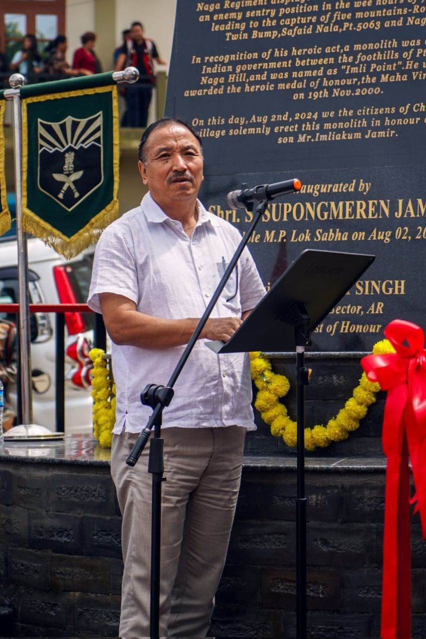 MP S Supongmeren Jamir addressing the Tsüngremmong festival and inauguration of the Captain (Hony) Imliakum Jamir MVC (Mahavir Chakra) Memorial Stone at Chuchuyimpang Village on August 2.