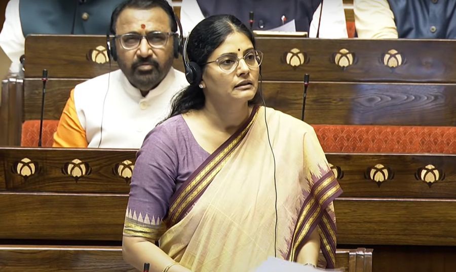 Minister of State for Health and Family Welfare Anupriya Patel speaks in Rajya Sabha during the Mosnoon Session of Parliament in New Delhi on Tuesday, July 30, 2024. (Photo: IANS/Sansad TV)