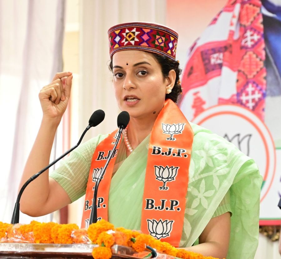 Actor and BJP candidate Kangana Ranaut speaks during an office-bearers meeting of the Mandi Lok Sabha constituency, in Mandi on Monday, April 1, 2024. (Photo: IANS/@jairamthakurbjp)