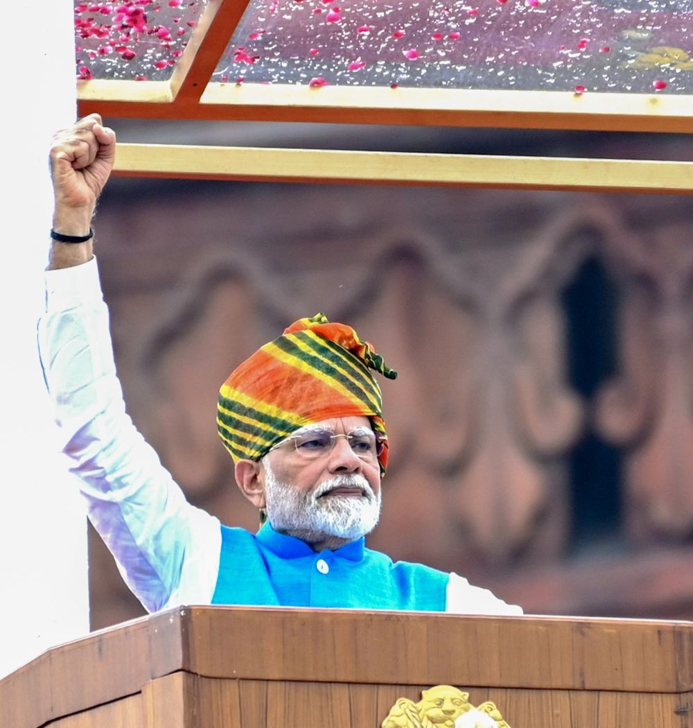 New Delhi: Prime Minister Narendra Modi addresses the nation from the ramparts of Red Fort on the occasion of 78th Independence Day in New Delhi on Thursday, August 15, 2024. (Photo: IANS/Qamar Sibtain)