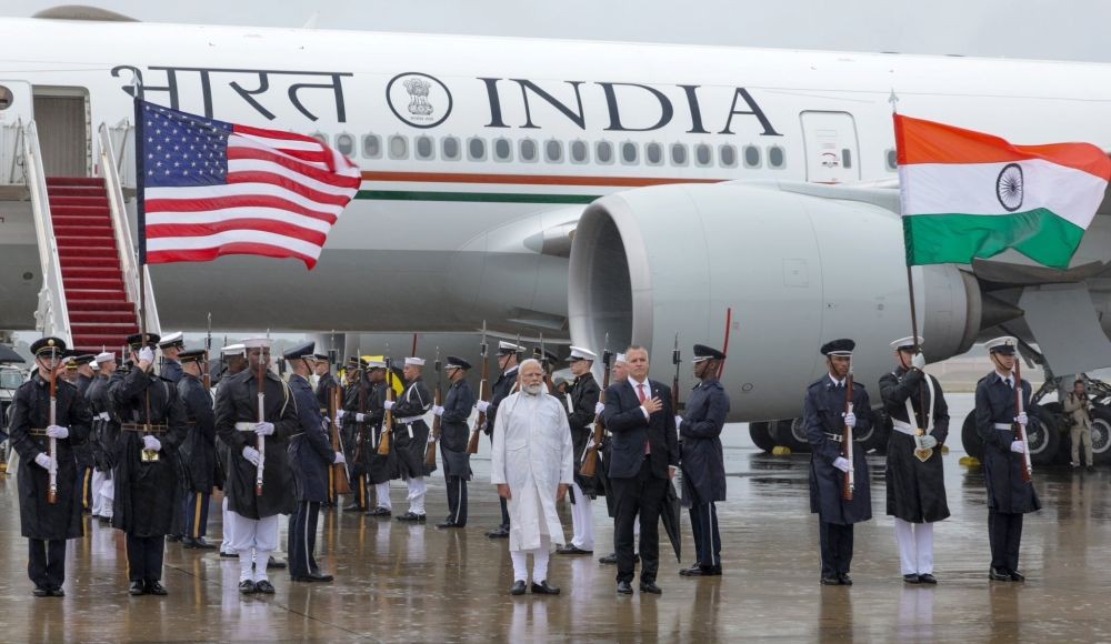 Washington: Prime Minister Narendra Modi being welcomed upon his arrival at the Joint Base Andrews airport in Washington, DC, Wednesday, June 21, 2023.  (Photo:IANS/Twitter)