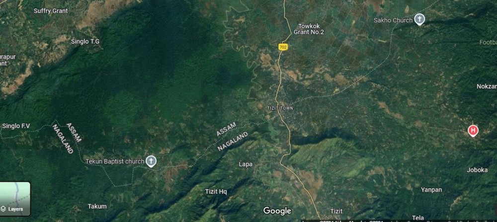 A screenshot of Google Maps taken on September 3 shows boundary lines between Nagaland’s Mon District and Assam’s Charaideo District near Tizit Town.