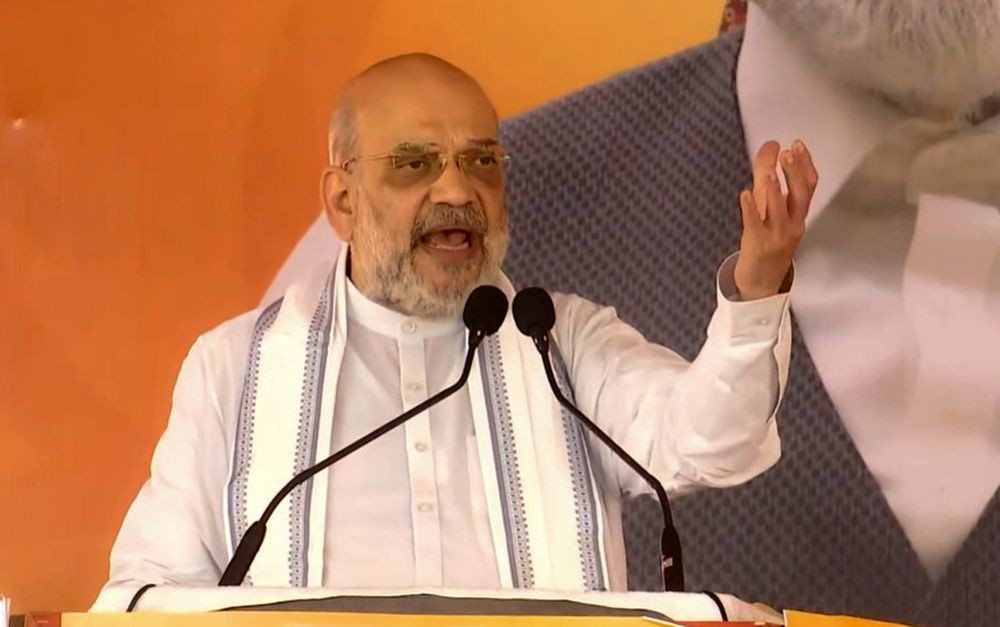 Rajouri: Union Home and Cooperation Minister Amit Shah addresses a public meeting ahead of the Jammu & Kashmir Assembly election at Thanamandi in Rajouri on Saturday, September 21, 2024. (Photo: IANS)