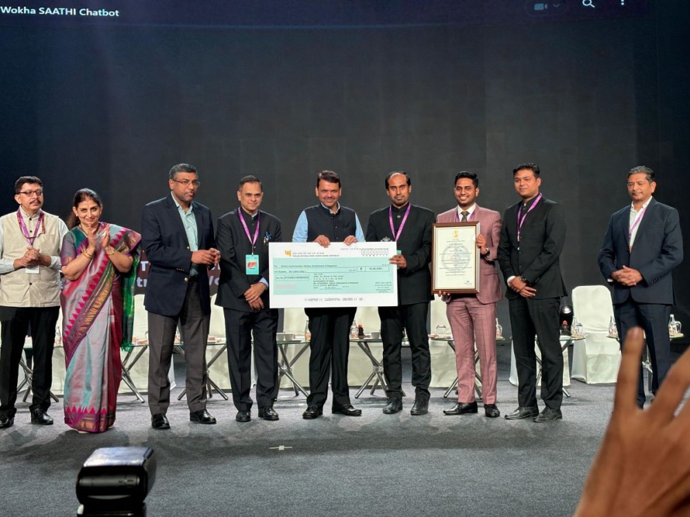 Ajit Kumar Ranjan IAS, Rohit Singh IAS, and Anuranjan Singh, Mahatma Gandhi National Fellow (MGNF), receive the Gold Award and citation on behalf of the Wokha District Administration at the National Awards for e-Governance 2023-2024 on September 3 in Mumbai. (DIPR Photo)
