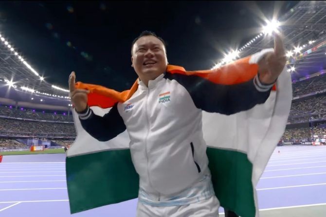 India’s Hokato Hotozhe Sema celebrates after winning bronze in the men’s Shot Put F57 category at the Paralympic Games in Paris. Photograph: Kind courtesy Narendra Modi/X