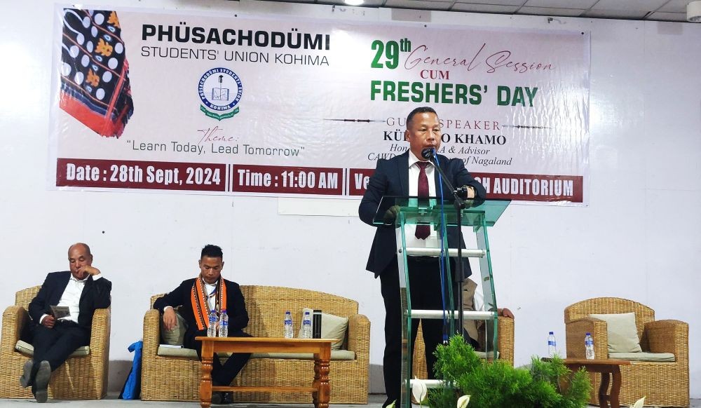 Advisor for CAWD and Taxes, Kudecho Khamo addressing the Phüsachodümi Students' Union Kohima (PSUK) 29th General Session cum Freshers' Day. (Morung Photo)