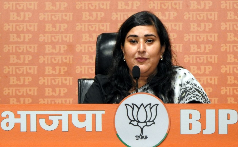 New Delhi: BJP MP Bansuri Swaraj addresses a press conference at party office on Friday September 13, 2024. (Photo: IANS/Anupam Gautam)