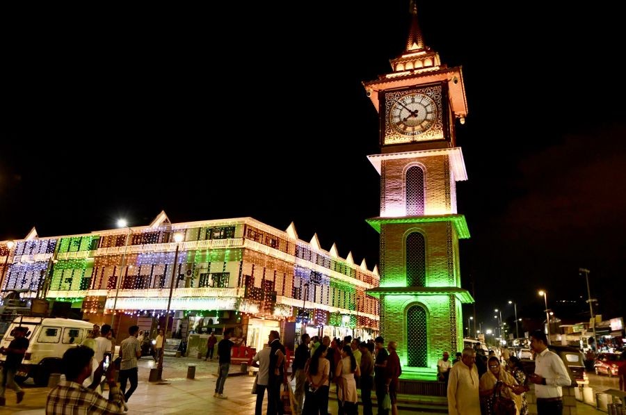 Ghanta ghar Lal chowk illuminated on the eve of 78th of independence Day in Srinagar on Wednesday August 14, 2024.(IANS/Nisar Malik)