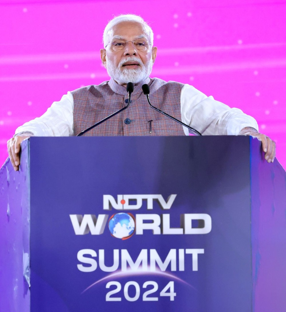 New Delhi: Prime Minister Narendra Modi addresses at the NDTV World Summit 2024, in New Delhi on Monday, October 21, 2024. (Photo: IANS)