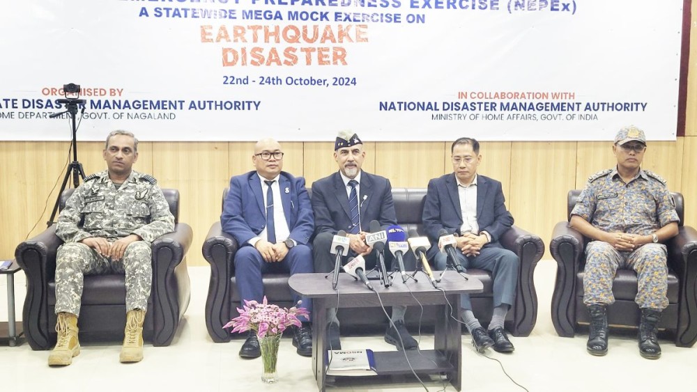 Major General Sudhir Bahl, Johny Raungmei and others address a press conference following the tabletop exercise at Capital Convention Centre, Kohima on October 22. (Morung Photo)