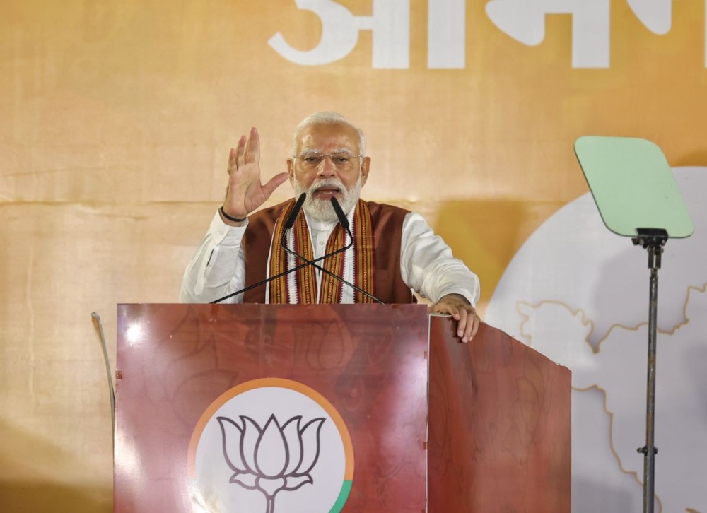 New Delhi: Prime Minister Narendra Modi, BJP National President JP Nadda, Home Minister Amit Shah, and Defence Minister Rajnath Singh address party workers and leaders at the BJP headquarters in New Delhi on Tuesday, October 08, 2024. (IANS)