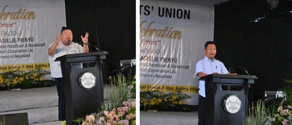 Minister Temjen Imna Along and Advisor Dr Kekhrielhoulie Yhome speaking at Pfuchatsumia Students Union Platinum Jubilee on October 12 in Kohima. (Morung Photo)
