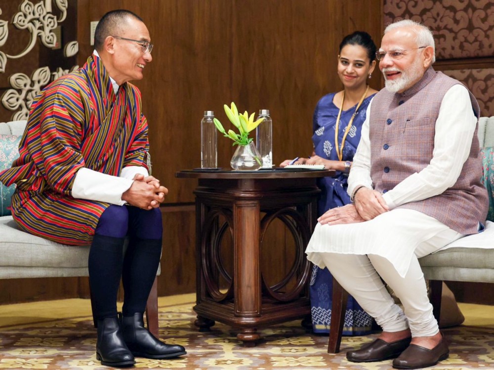 New Delhi: Prime Minister Narendra Modi meets Bhutan Prime Minister Tshering Tobgay in New Delhi on Monday, October 21, 2024. (Photo: IANS)