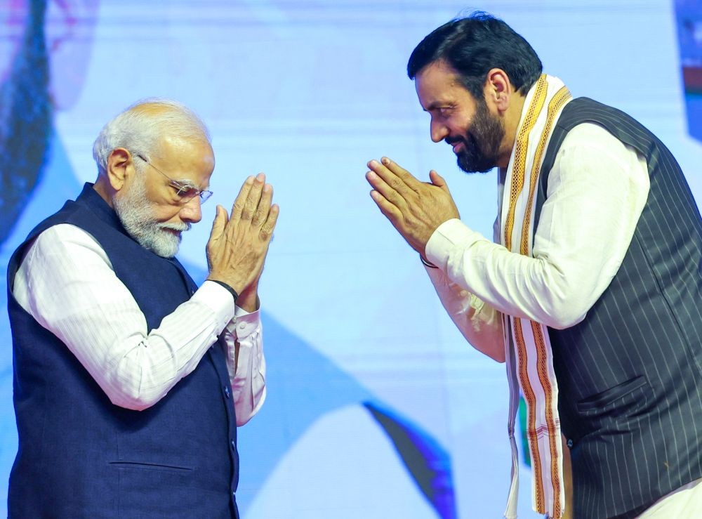 Panchkula: Prime Minister Narendra Modi with CM-designate Nayab Singh Saini during the oath-taking ceremony in Panchkula on Thursday, October 17, 2024. (Photo: IANS)