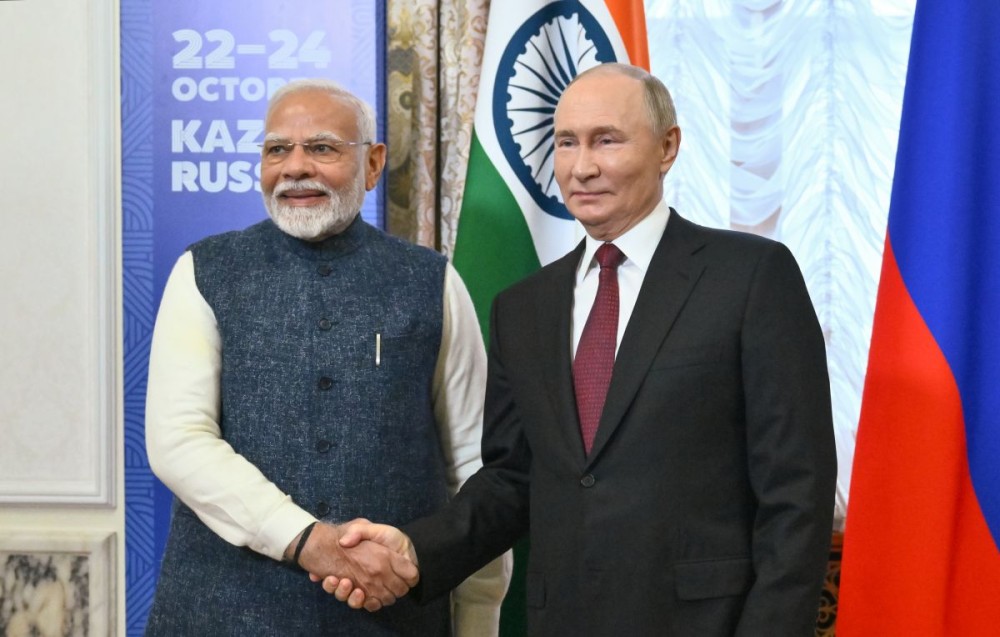 Kazan: Russian President Vladimir Putin meets Prime Minister Narendra Modi on the sidelines of the BRICS Summit at the Kazan Kremlin in Russia on Tuesday, October 22, 2024. (Photo: IANS)