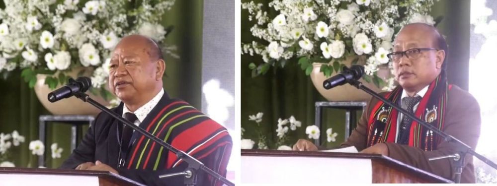 Dr Kevingulie Khro and Razouvotuo Chatsu, respectively representing the Seithekema and Chümoukedima, the donor villages of Patkai Christian College (PCC) Autonomous, address the finale of the year-long Golden Jubilee celebration of PCC on November 2.