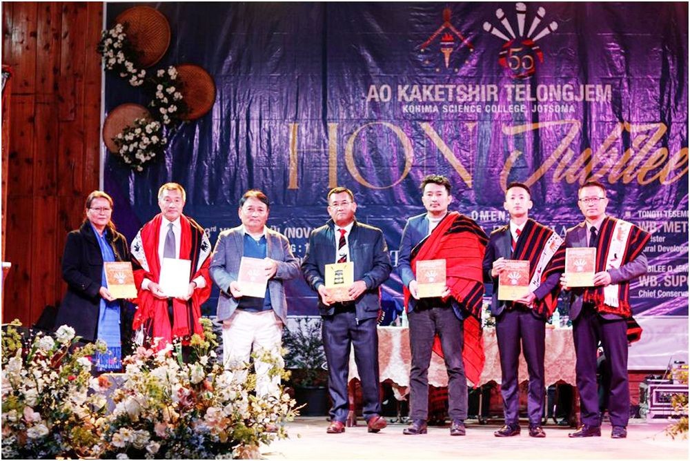 Metsubo Jamir, Minister for Rural Development and SIRD and others during the release of Jubilee Souvenir at the Golden Jubilee celebration of AKT at Kohima Science College, Jotsoma.