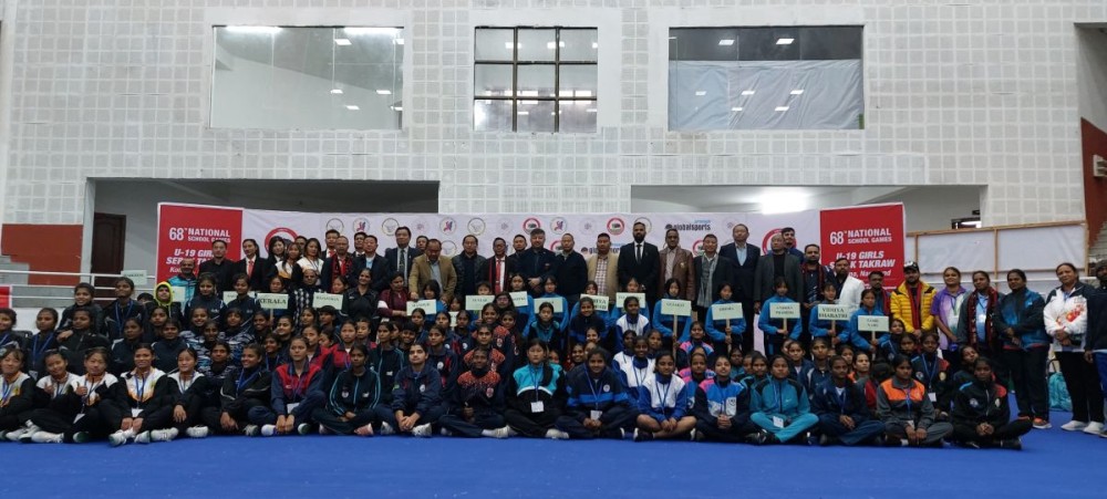 Abu Metha, Keoshu Yimkhiung with other dignitaries and participants of 68th National School Games (U-19 Girls Sepak Takraw) in Kohima on November 25. (Morung Photo)