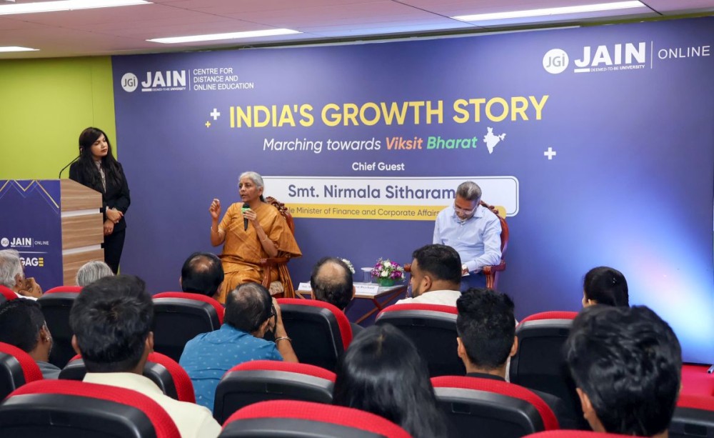 Bengaluru: Union Minister of Finance and Corporate Affairs Nirmala Sitharaman interacts with the students at an interaction program organized at Jain University in Bengaluru, Karnataka, on Saturday, November 09, 2024. (Photo: IANS)