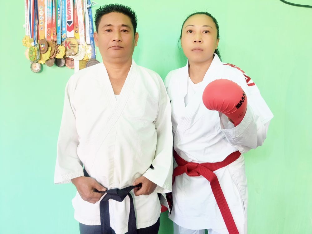 Akumienla L Imchen (Black belt 3rd Dan) with her Coach Temsu Sangtam (Black Belt 4th Dan) of Logdrum Karate Club Sangtamtilla, Dimapur.